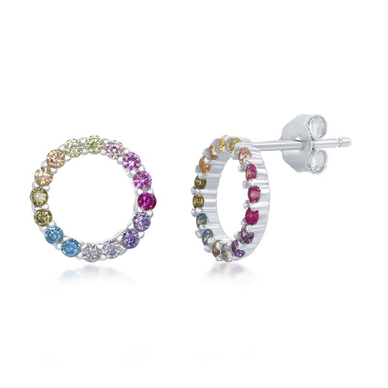 Sterling Silver Rainbow Cubic Zirconia Circle Studs - D-7139 - Click Image to Close